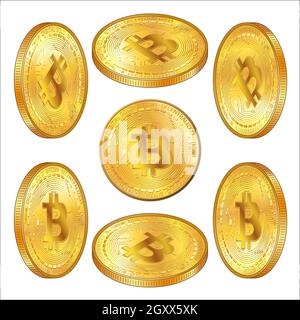 Set di monete d'oro dettagliate Bitcoins in vista isometrica isolato su bianco. Simbolo BTC di oro digitale moderno e denaro. Illustrazione vettoriale. Illustrazione Vettoriale