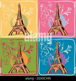 Illustrazione disegno della Torre Eiffel di Parigi con Foliage e cornice su sfondo giallo, 4 disegni a mano, stile Pop Art Illustrazione Vettoriale