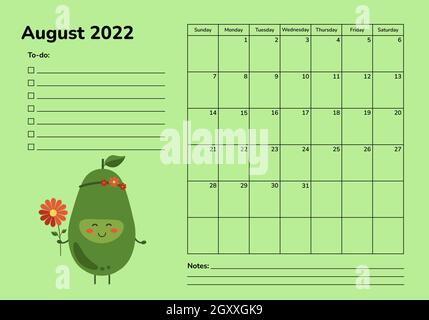 Planner orizzontale 2022 con avocado. Pagina del calendario di agosto. Modello di vettore di pianificazione dell'agenda elettronica. Pagine mensili. La settimana inizia la domenica Illustrazione Vettoriale