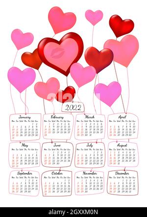 Calendario annuale verticale 2022 con palloncini a forma di cuore tema romantico, la settimana inizia il Lunedi, su bianco. Calendario annuale grande parete colorato moderno Vec Illustrazione Vettoriale