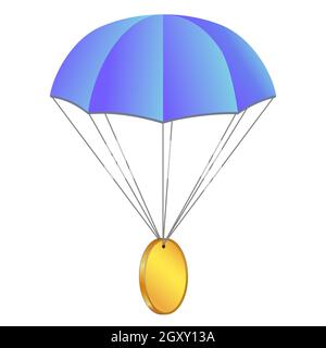 Paracadute AirDrop Concept con moneta isolata su bianco. Moneta d'oro vuota con posto per logo o simbolo. Illustrazione vettoriale. Foto Stock