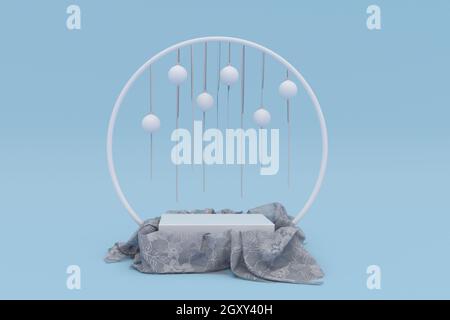 Sfondo blu di Natale 3D. Display quadrato a podio per la presentazione del prodotto. Forme geometriche pastello minimal con palline bianche festive. Estratto winte Foto Stock