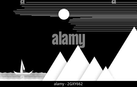illustratone di tranquilla scena naturalistica con montagna, oceano e barca a vela, scena naturalistica fatta di forme geomatriche con montagna, sole, cielo in nero Foto Stock