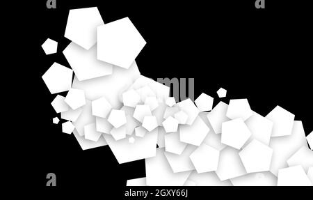 concept design astratto fatto di pentagono creare un disegno frattale emergente da un angolo, creato sovrapponendosi sull'altro in nero isolato backgrou Foto Stock