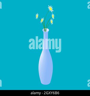 Vaso isometrico con fiori camomiles isolato. Cinque fiori in una caraffa stretta e alta. Vettore EPS10. Illustrazione Vettoriale