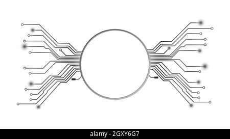 Elemento di design in stile techno con spazio di copia cerchio argento con tracce PCB isolate su bianco. Modello per sito Web o banner. Illustrazione vettoriale. Illustrazione Vettoriale