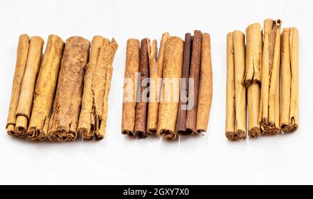 diversi bastoncini di cannella (ceylon di alta qualità, cassia cinese e cinnamon continentale) su piatto bianco Foto Stock