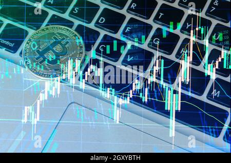Doppia esposizione di statistiche virtuali astratte grafici di dati borsa finanziaria e bitcoin su tastiera computer portatile analisi di business trading. Foto Stock