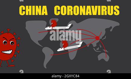 Mappa della diffusione del coronavirus globale dalla Cina attraverso le compagnie aeree. Un virus contented si siede a cavallo di un aereo e vola intorno al mondo. Orizzontale Illustrazione Vettoriale