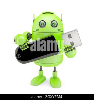 Robot in 3d azienda unità flash USB. Isolato su bianco Foto Stock