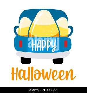 Halloween felice - pick-up camion consegna caramelle di mais. Design per mercati, ristoranti, volantini, carte, inviti, adesivi, striscioni. Cute ha disegnato a mano Illustrazione Vettoriale