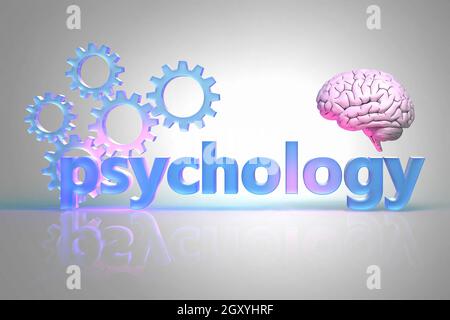 La parola Psicologia e ingranaggi e il cervello umano, presentato qui come un concetto relativo a questa scienza, illustrazione 3d Foto Stock