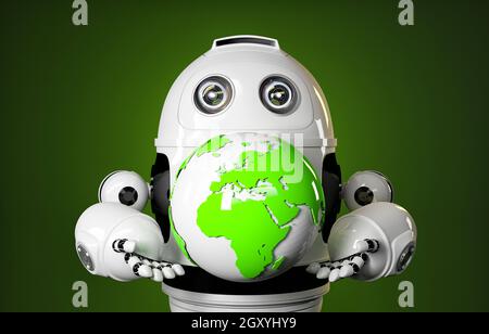 Robot detiene il globo terrestre. Concetto di tecnologia Foto Stock