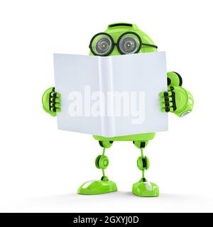 Robot verde con libro. Concetto di tecnologia Foto Stock