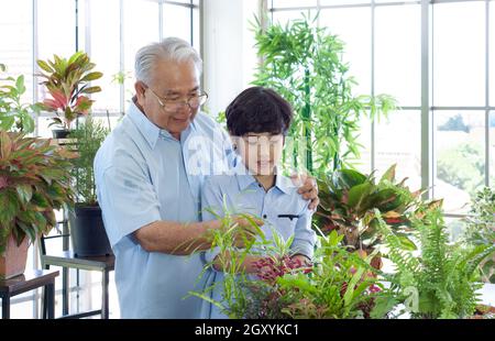 Il nonno pensionato trascorse la vacanza con suo nipote prendendosi cura del giardino interno. Foto Stock