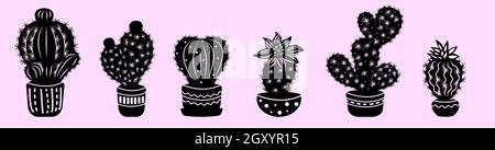 Set di cactus a contorno nero in pentole decorate. Immagine monocromatica di piante domestiche isolate dallo sfondo. Immagine vettoriale. Illustrazione Vettoriale