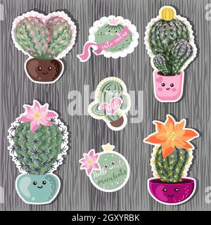 Cute cactus kawaii in pentole su sfondo di legno. Stile cartoon. Immagini vettoriali su un substrato bianco per la stampa di adesivi, cartoline. Illustrazione Vettoriale