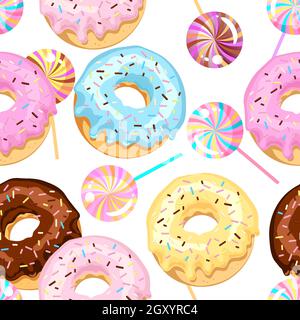 Modello senza cuciture di ciambelle colorate con glassa di zucchero e cioccolato con caramelle multicolore. Illustrazione vettoriale isolata su sfondo bianco. Illustrazione Vettoriale