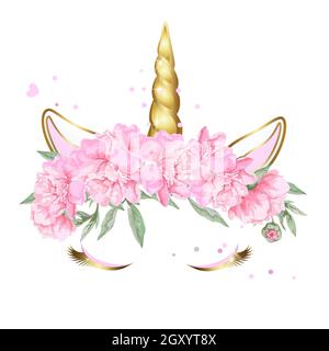 Faccia di un unicorno con occhi chiusi in una corona di fiori rosa con scintille. Il corno d'oro dell'unicorno. Immagine vettoriale isolata su backgroun bianco Illustrazione Vettoriale