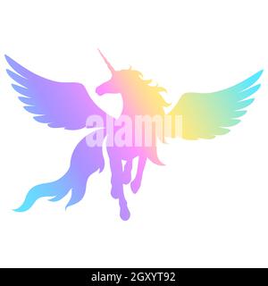 Silhouette di unicorno alare. Silhouette di un arcobaleno isolato su sfondo bianco. Elemento per la creazione di un progetto. Illustrazione Vettoriale