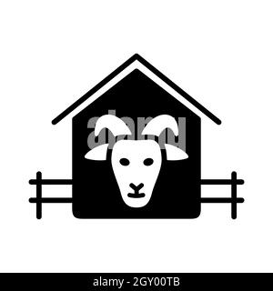 Icona glifo casa di capra. Cartello degli animali da fattoria. Simbolo grafico per il design del sito Web, il logo, l'app, l'interfaccia utente. Illustrazione vettoriale Foto Stock