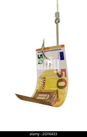 Euro fattura su gancio da pesca, isolato su sfondo bianco. Cattura di denaro, investimenti, vincendo un concetto di lotteria. Illustrazione 3D Foto Stock