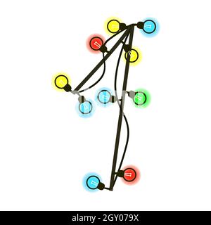 Festivo cifra 1 da ghirlanda isolato su bianco. Lampadine colorate sui fili. Carattere scritto a mano per testo o logo. Vettore EPS 10. Illustrazione Vettoriale