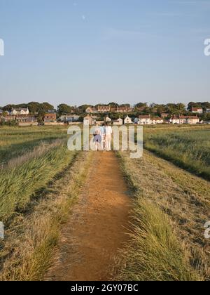 Tornando a piedi dalla spiaggia a Cley accanto al villaggio di mare lungo il sentiero rialzato attraverso la riserva naturale di Cley Marshes Norfolk Inghilterra UK Foto Stock