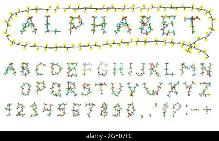 Alfabeto latino con una ghirlanda isolata su bianco. Lampadine multicolore sui fili. Per Natale e altre vacanze. Vettore EPS 10. Illustrazione Vettoriale