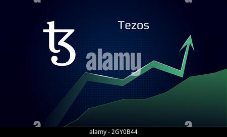 Tezos XTZ in uptrend e il prezzo è in aumento. Simbolo della moneta di criptovaluta e freccia verde verso l'alto. Vola sulla luna. Illustrazione vettoriale. Illustrazione Vettoriale