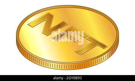 Gettone oro NFT non fungibile in vista dall'alto isometrica isolato su bianco. Elemento di disegno vettoriale. Illustrazione Vettoriale