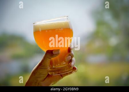 Birra d'oro in un bicchiere di birra per l'Oktoberfest in mano. Pinta di birre alla spina di grano alla Feste di Bachelorette dell'amicizia al Bar. Giovani vita notturna con Foto Stock