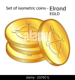 Set di monete d'oro in pila Elrond EGLD in vista isometrica isolato su bianco. Illustrazione vettoriale. Illustrazione Vettoriale