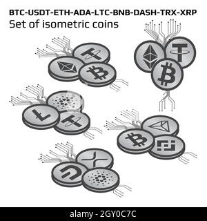 Set di monete isometriche principali in criptovaluta in bw isolato su bianco nella vista in alto a sinistra. Simboli cripto isometrici sulle monete. Illustrazione vettoriale. Illustrazione Vettoriale