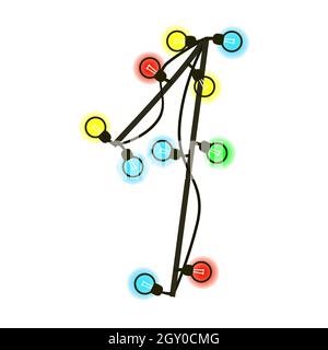 Festivo cifra 1 da ghirlanda isolato su bianco. Lampadine colorate sui fili. Carattere scritto a mano per testo o logo. Vettore EPS 10. Foto Stock