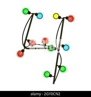 Festivo cifra 4 da ghirlanda isolato su bianco. Lampadine colorate sui fili. Carattere scritto a mano per testo o logo. Vettore EPS 10. Foto Stock