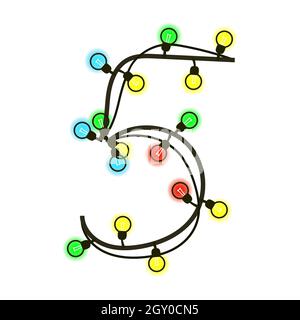 Natale cifra 5 da ghirlanda isolato su bianco. Lampadine colorate sui fili. Carattere scritto a mano per testo o logo. Vettore EPS 10. Foto Stock