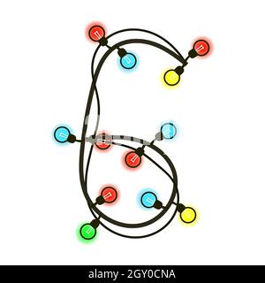 Natale cifra 6 da ghirlanda isolato su bianco. Lampadine colorate sui fili. Carattere scritto a mano per testo o logo. Vettore EPS 10. Foto Stock