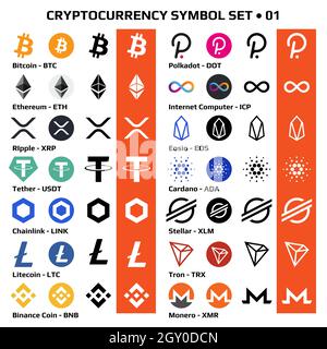 Set di simboli di criptovaluta isolati, icone di monete digitali in monocromia e a colori. Illustrazione vettoriale. Illustrazione Vettoriale