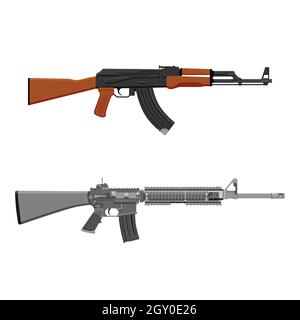 Collezione di armi. Illustrazione vettoriale AK Kalashnikov mitragliatrice e fucile m16 isolato su sfondo bianco. Illustrazione Vettoriale