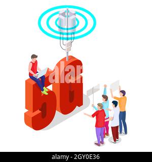 Attivisti anti 5g che protestano contro pericolose torri cellulari ad alta velocità di nuova generazione, illustrazione isometrica vettoriale. Illustrazione Vettoriale