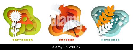 Settembre, ottobre e novembre stagione autunnale mesi per calendario, biglietto, illustrazione vettoriale in carta arte stile. Illustrazione Vettoriale