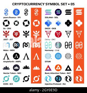 Set 05 di simboli di criptovaluta isolati, icone di monete digitali in monocromia e a colori. Illustrazione vettoriale. Foto Stock