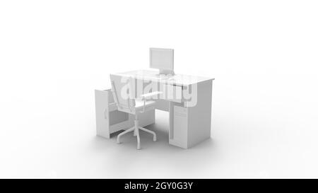 Rendering 3D di un posto di lavoro della scrivania isolato su sfondo bianco vuoto Foto Stock