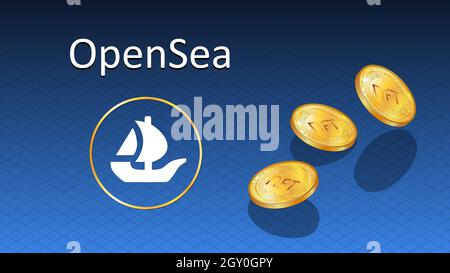 OpenSea testo e logo piattaforma internet NFT token mercato e asta con cadere monete d'oro. Nuova tendenza nella vendita di articoli da collezione. Banner per notizie e m Illustrazione Vettoriale