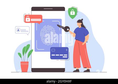 Protezione dei dati con identificazione biometrica. Sistema di protezione delle impronte digitali sullo smartphone per l'autenticazione e le transazioni sicure. Donna piatta fornisce la chiave per accedere ai dati. Tecnologia di scansione ID. Illustrazione Vettoriale