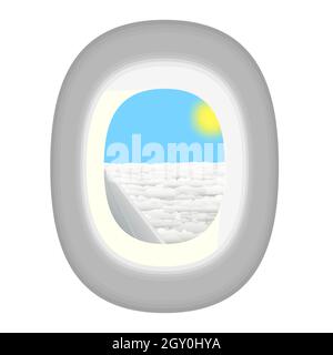 Oblò vettore isolato in aereo. Dietro il calice, il sole, le nuvole e l'ala dell'aereo. La vista dal piano. Illustrazione Vettoriale