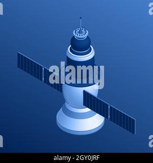 Satellite spaziale isometrico in tinta blu. modello 3d di veicolo spaziale. Illustrazione vettoriale. Foto Stock