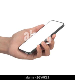 Mano dell'uomo che tiene lo smartphone nero con schermo vuoto isolato su sfondo bianco con tracciato di ritaglio, può utilizzare il mock-up per la vostra applicazione o websi Foto Stock