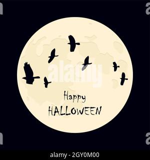 happy halloween volare corvo su sfondo luna piena Illustrazione Vettoriale